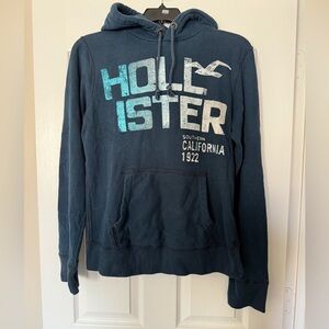 Hollister Navy and Tan Logo Patch Hoodie